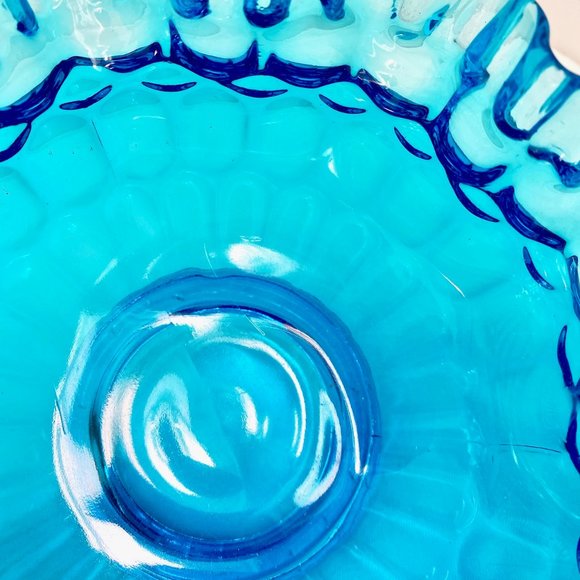 FENTON TURQUOISE GLASS RUFFLE EDGE CREST BOWL BRIDES BOWL (9") - Picture 9 of 9